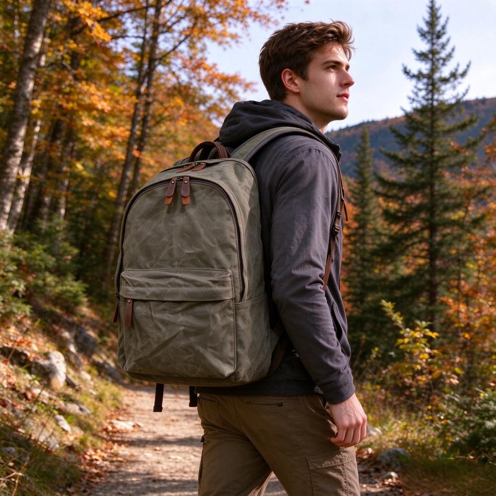 Canvas Backpack Casual - Vintage Waxed Canvas Backpack with Genuine